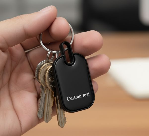 Black custom text keychain with double-side engraving held in hand
