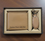 Custom leather wallet and keychain gift box with engraved photo and name
